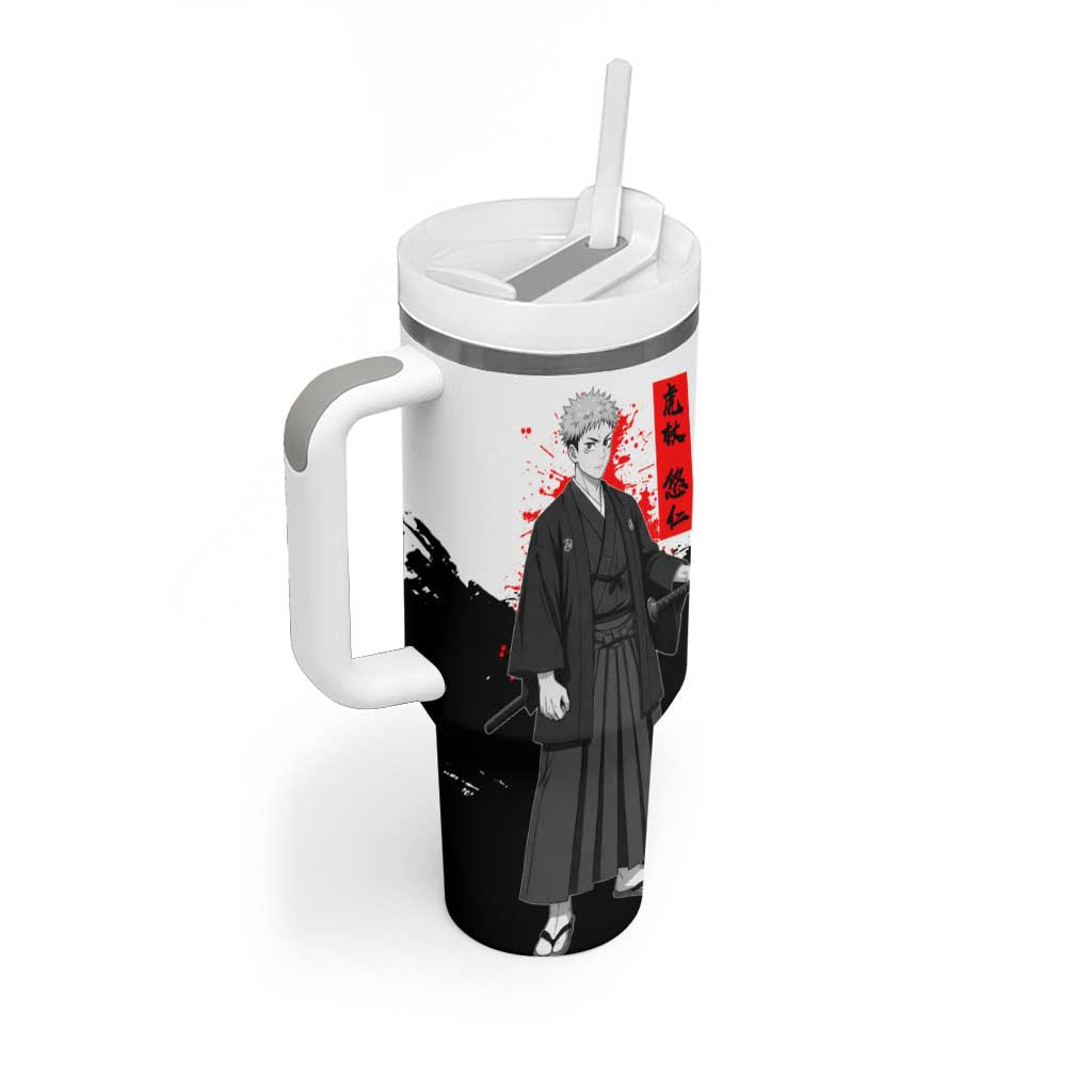 Yuji Itadori Jujutsu Kaisen Samurai Design Tumbler With Handle with Katana, Red Kanji Elements and Oni Mask Graphic - The Mazicc