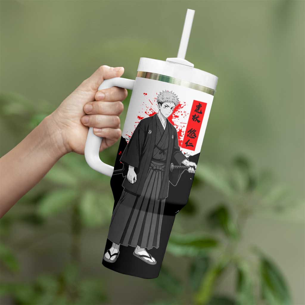 Yuji Itadori Jujutsu Kaisen Samurai Design Tumbler With Handle with Katana, Red Kanji Elements and Oni Mask Graphic - The Mazicc