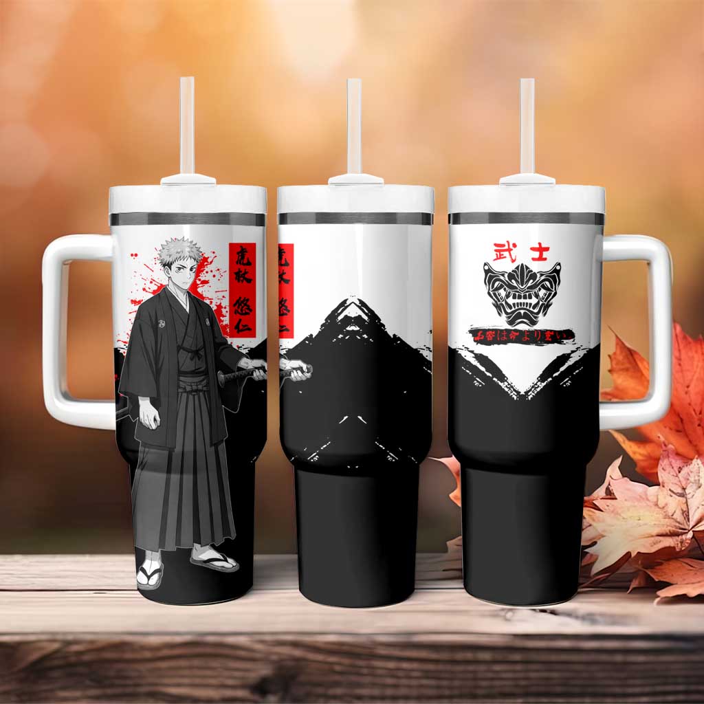Yuji Itadori Jujutsu Kaisen Samurai Design Tumbler With Handle with Katana, Red Kanji Elements and Oni Mask Graphic - The Mazicc