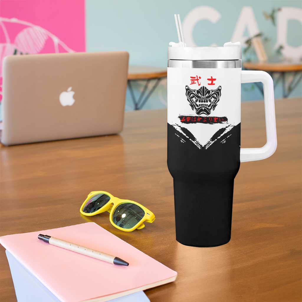 Yuji Itadori Jujutsu Kaisen Samurai Design Tumbler With Handle with Katana, Red Kanji Elements and Oni Mask Graphic - The Mazicc