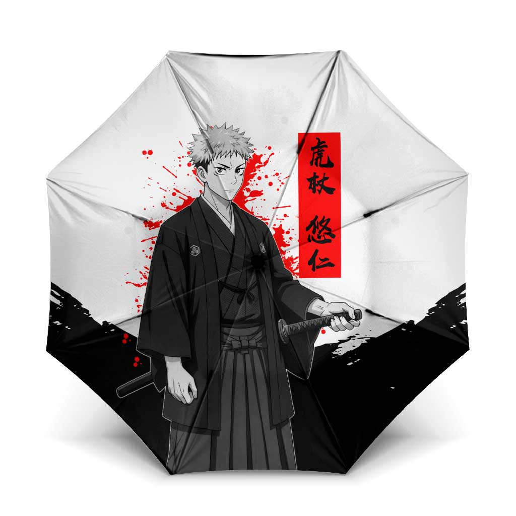 Yuji Itadori Jujutsu Kaisen Samurai Design Umbrella with Katana, Red Kanji Elements and Oni Mask Graphic - The Mazicc