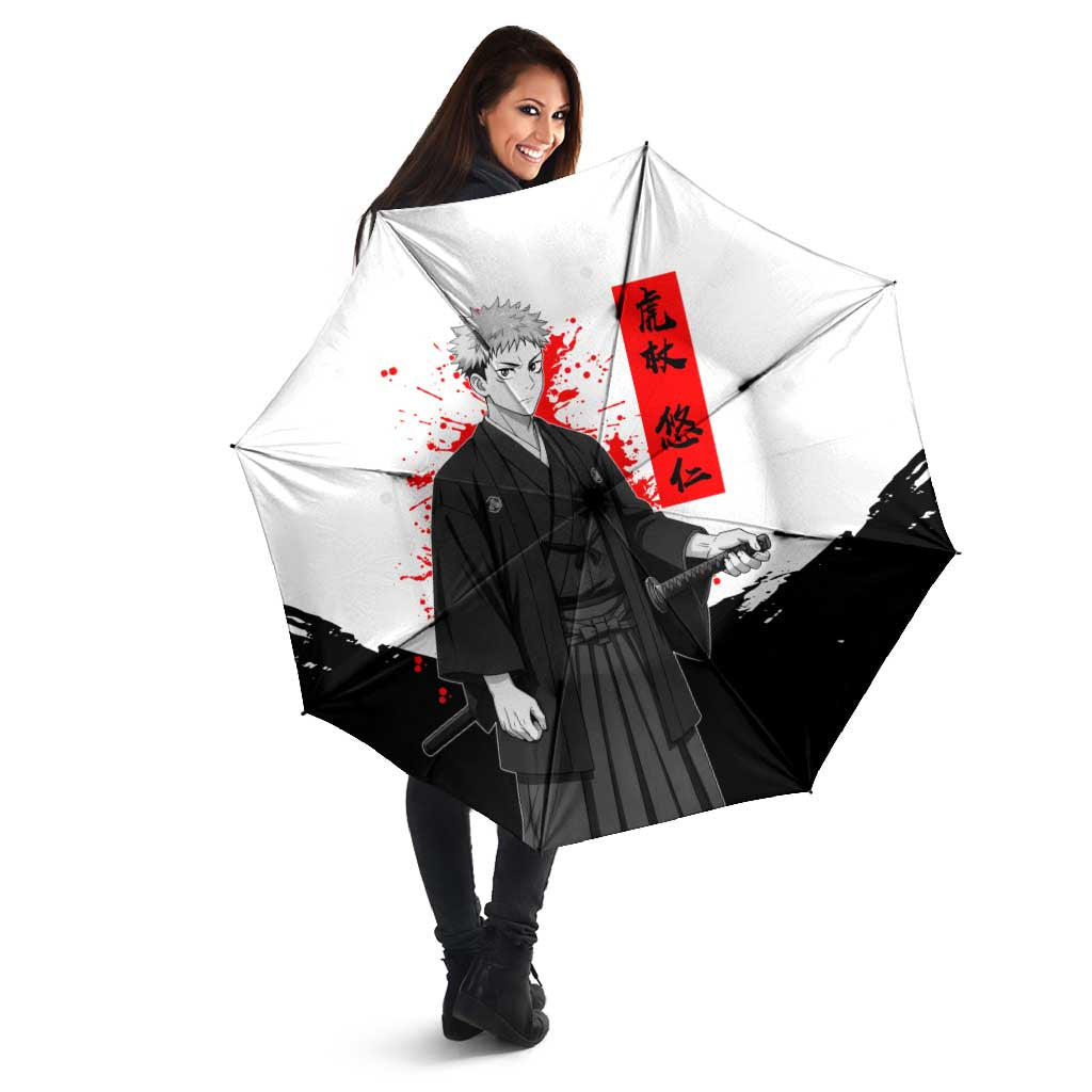 Yuji Itadori Jujutsu Kaisen Samurai Design Umbrella with Katana, Red Kanji Elements and Oni Mask Graphic - The Mazicc