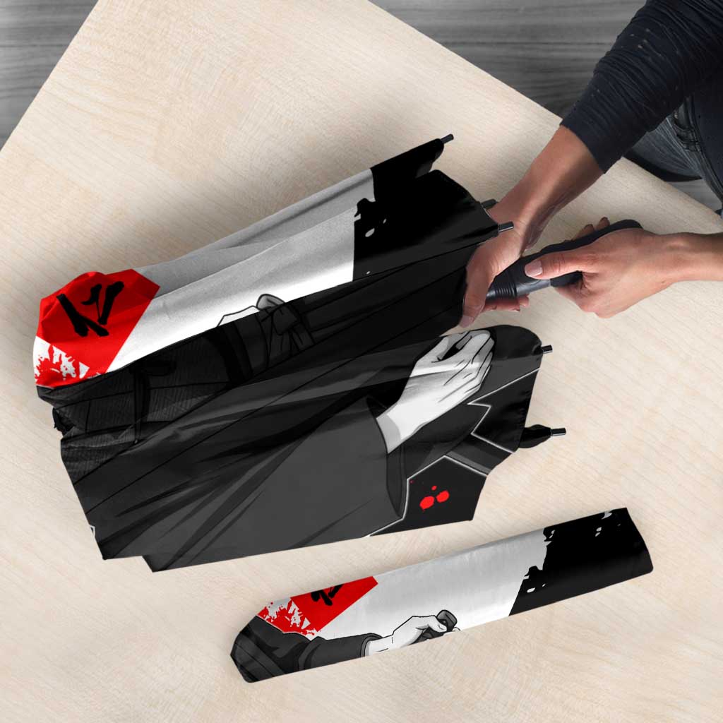 Yuji Itadori Jujutsu Kaisen Samurai Design Umbrella with Katana, Red Kanji Elements and Oni Mask Graphic - The Mazicc
