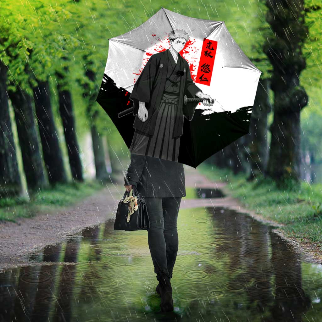 Yuji Itadori Jujutsu Kaisen Samurai Design Umbrella with Katana, Red Kanji Elements and Oni Mask Graphic - The Mazicc