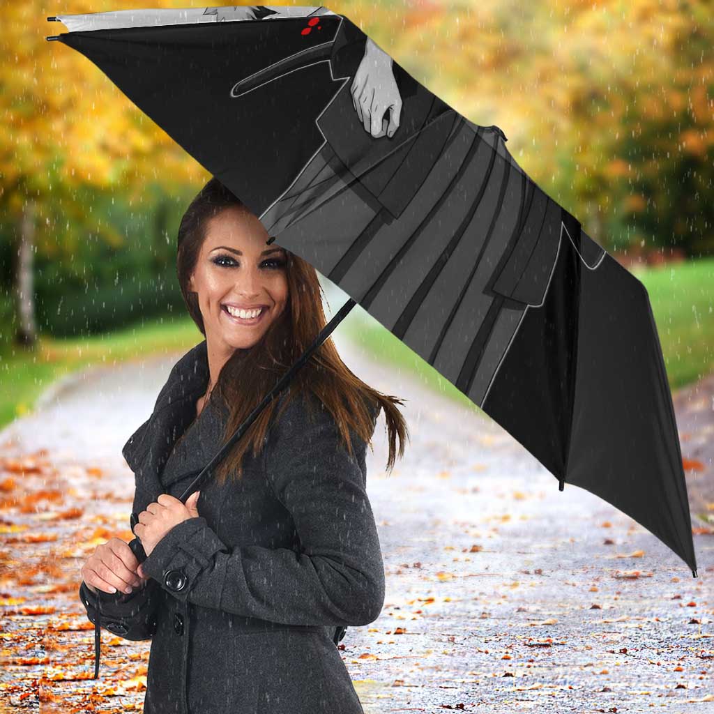 Yuji Itadori Jujutsu Kaisen Samurai Design Umbrella with Katana, Red Kanji Elements and Oni Mask Graphic - The Mazicc