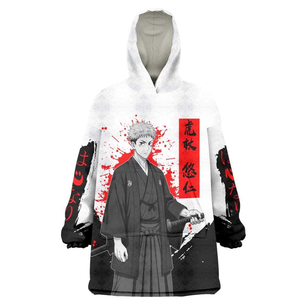 Yuji Itadori Jujutsu Kaisen Samurai Design Wearable Blanket Hoodie with Katana, Red Kanji Elements and Oni Mask Graphic - The Mazicc
