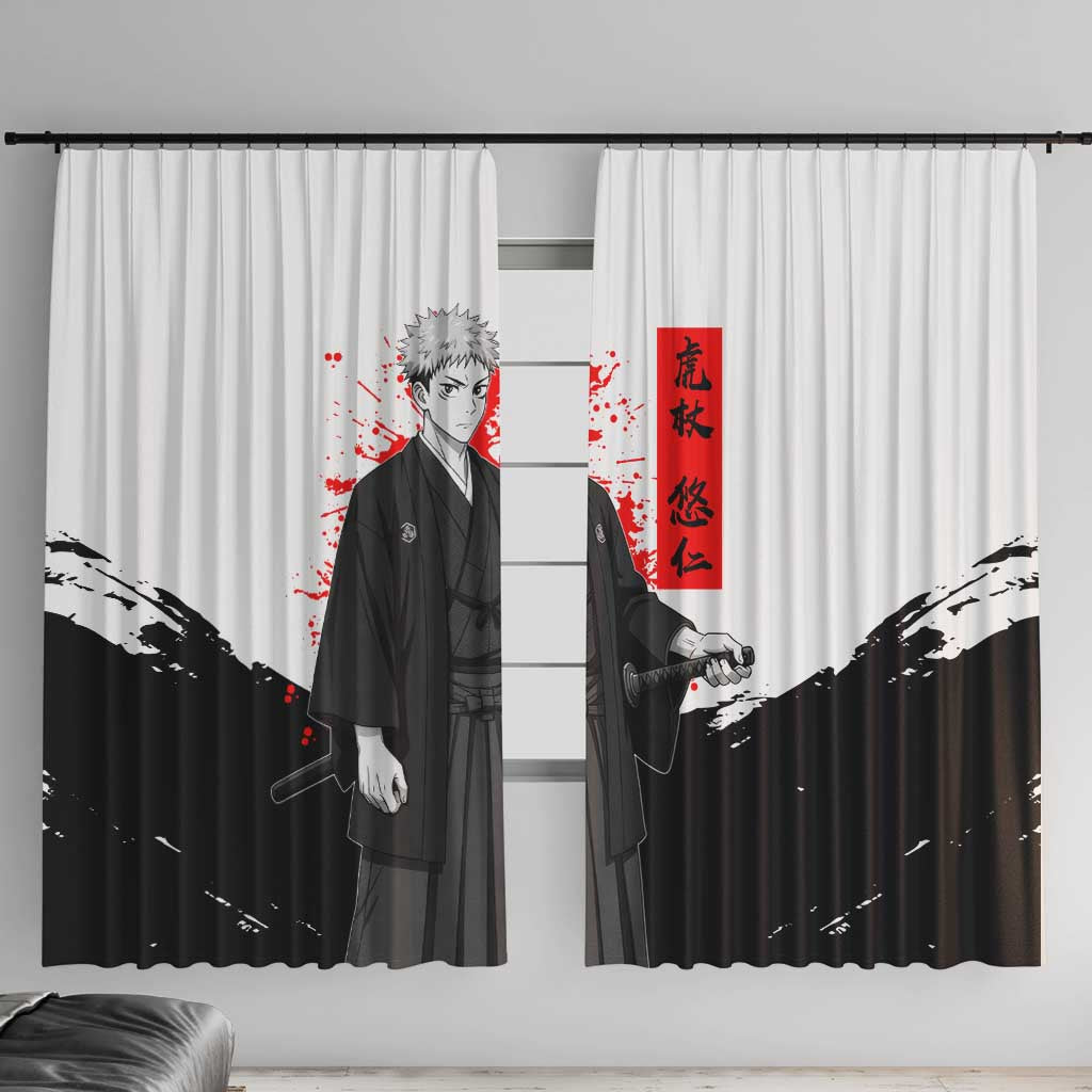 Yuji Itadori Jujutsu Kaisen Samurai Design Window Curtain with Katana, Red Kanji Elements and Oni Mask Graphic - The Mazicc