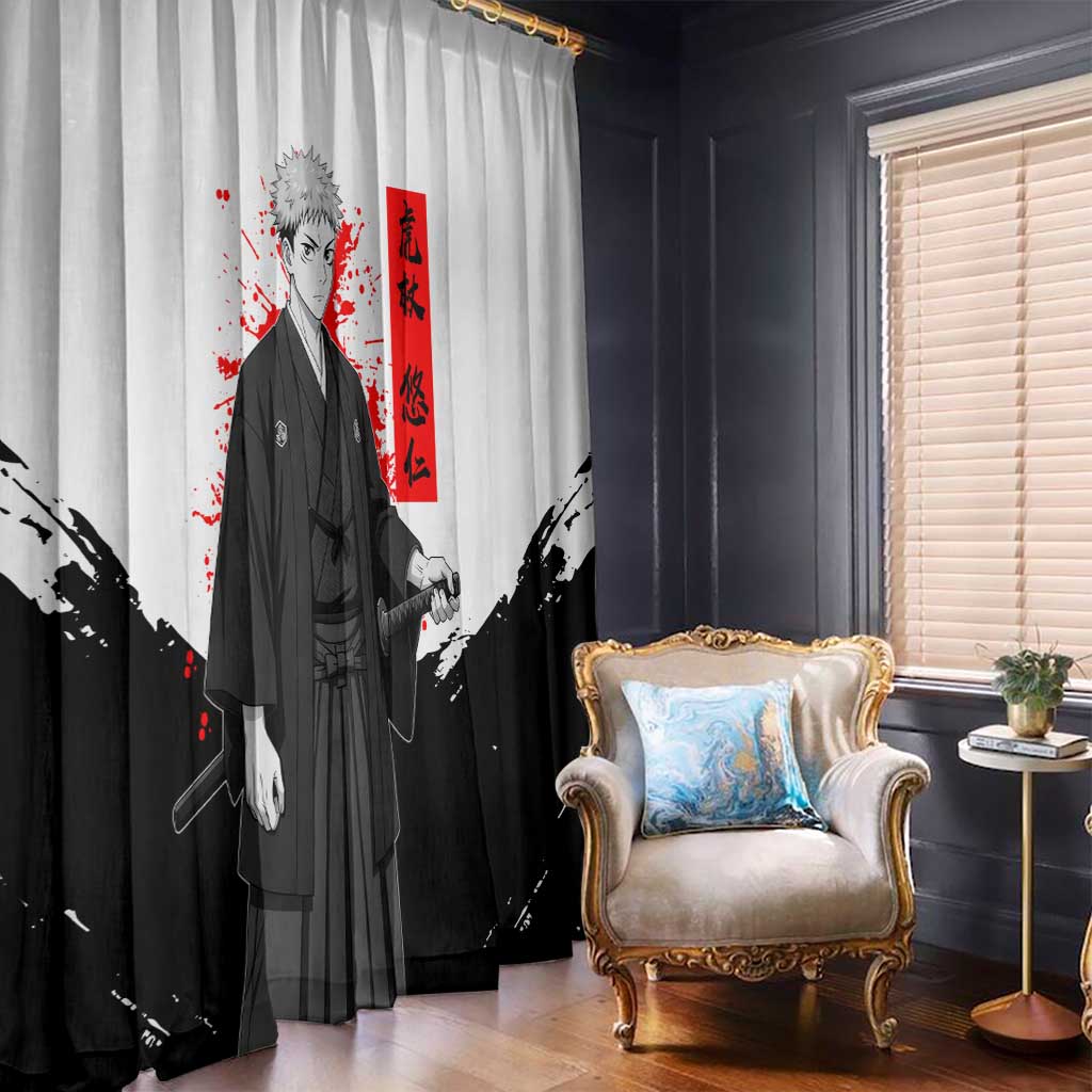 Yuji Itadori Jujutsu Kaisen Samurai Design Window Curtain with Katana, Red Kanji Elements and Oni Mask Graphic - The Mazicc