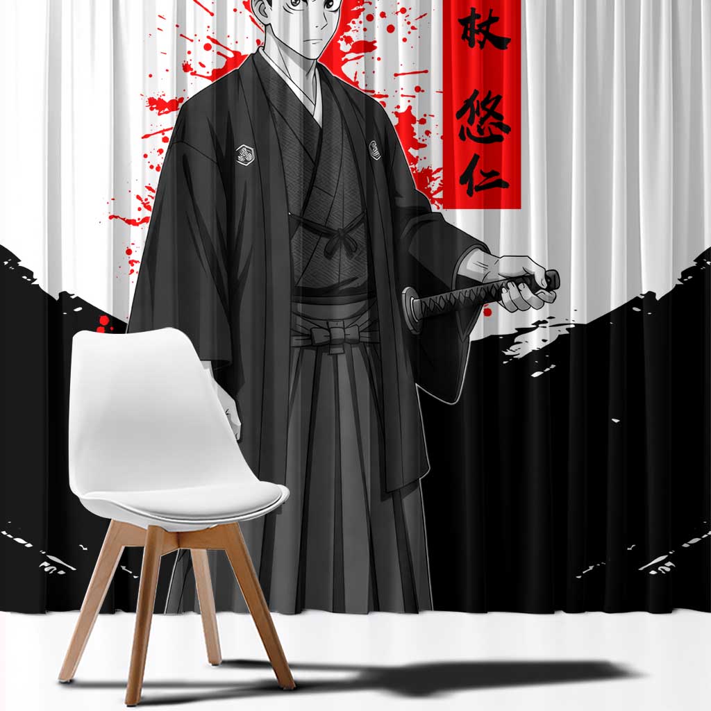 Yuji Itadori Jujutsu Kaisen Samurai Design Window Curtain with Katana, Red Kanji Elements and Oni Mask Graphic - The Mazicc