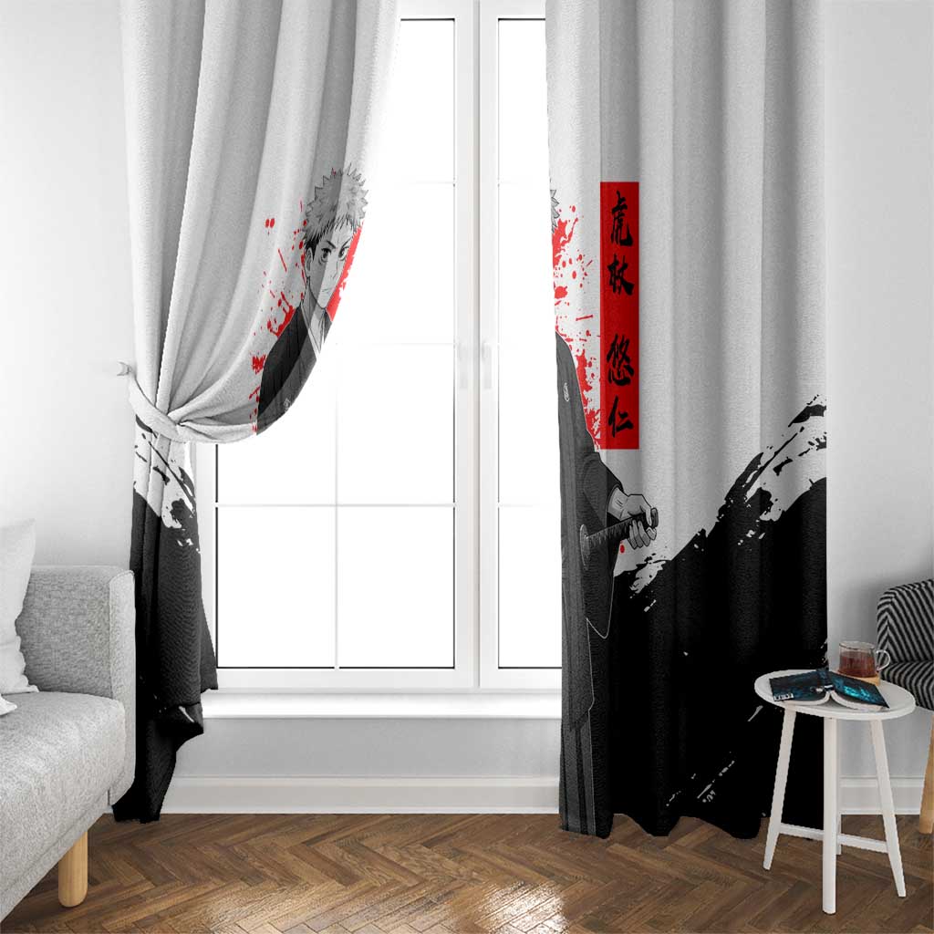 Yuji Itadori Jujutsu Kaisen Samurai Design Window Curtain with Katana, Red Kanji Elements and Oni Mask Graphic - The Mazicc