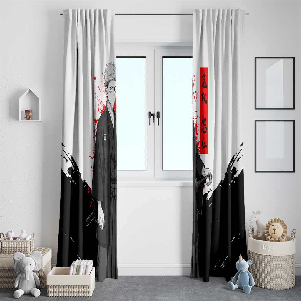 Yuji Itadori Jujutsu Kaisen Samurai Design Window Curtain with Katana, Red Kanji Elements and Oni Mask Graphic - The Mazicc