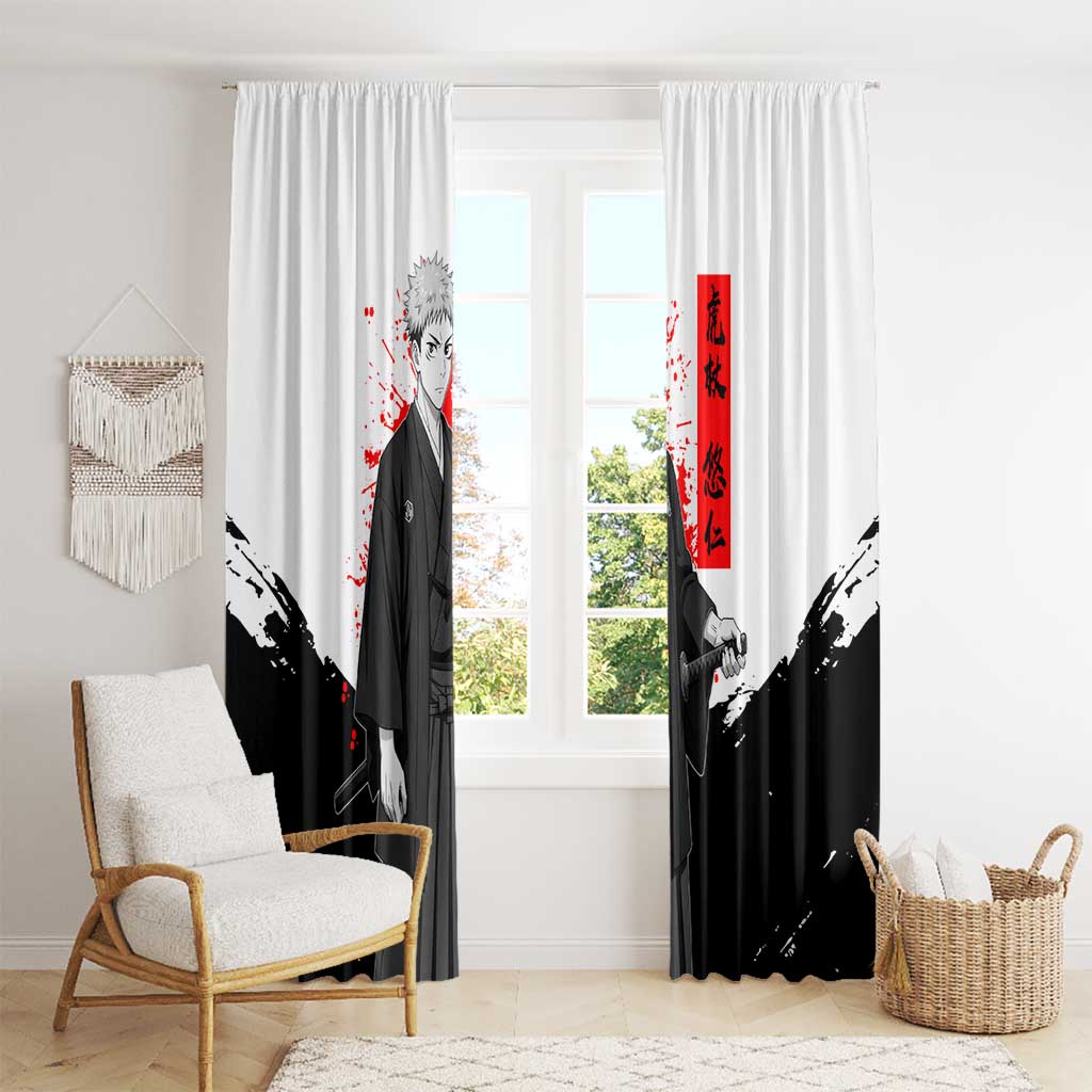 Yuji Itadori Jujutsu Kaisen Samurai Design Window Curtain with Katana, Red Kanji Elements and Oni Mask Graphic - The Mazicc