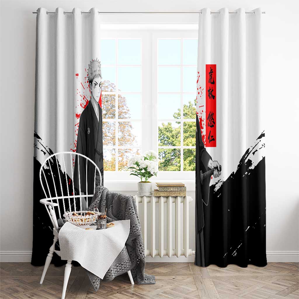 Yuji Itadori Jujutsu Kaisen Samurai Design Window Curtain with Katana, Red Kanji Elements and Oni Mask Graphic - The Mazicc