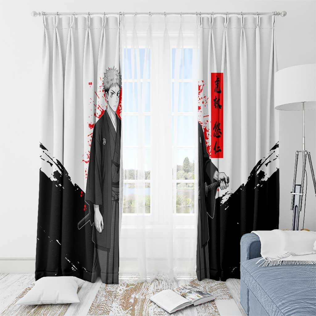 Yuji Itadori Jujutsu Kaisen Samurai Design Window Curtain with Katana, Red Kanji Elements and Oni Mask Graphic - The Mazicc