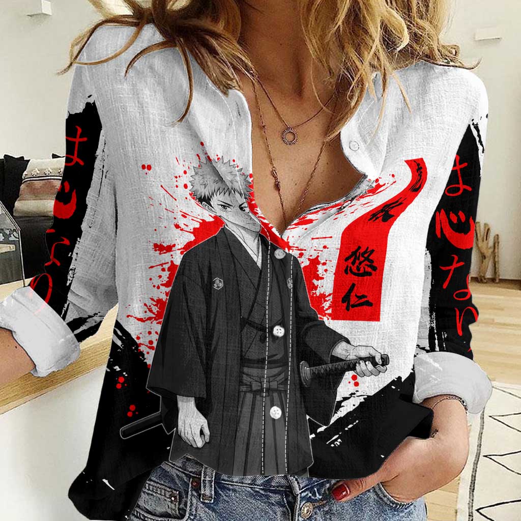 Yuji Itadori Jujutsu Kaisen Samurai Design Women Casual Shirt with Katana, Red Kanji Elements and Oni Mask Graphic - The Mazicc