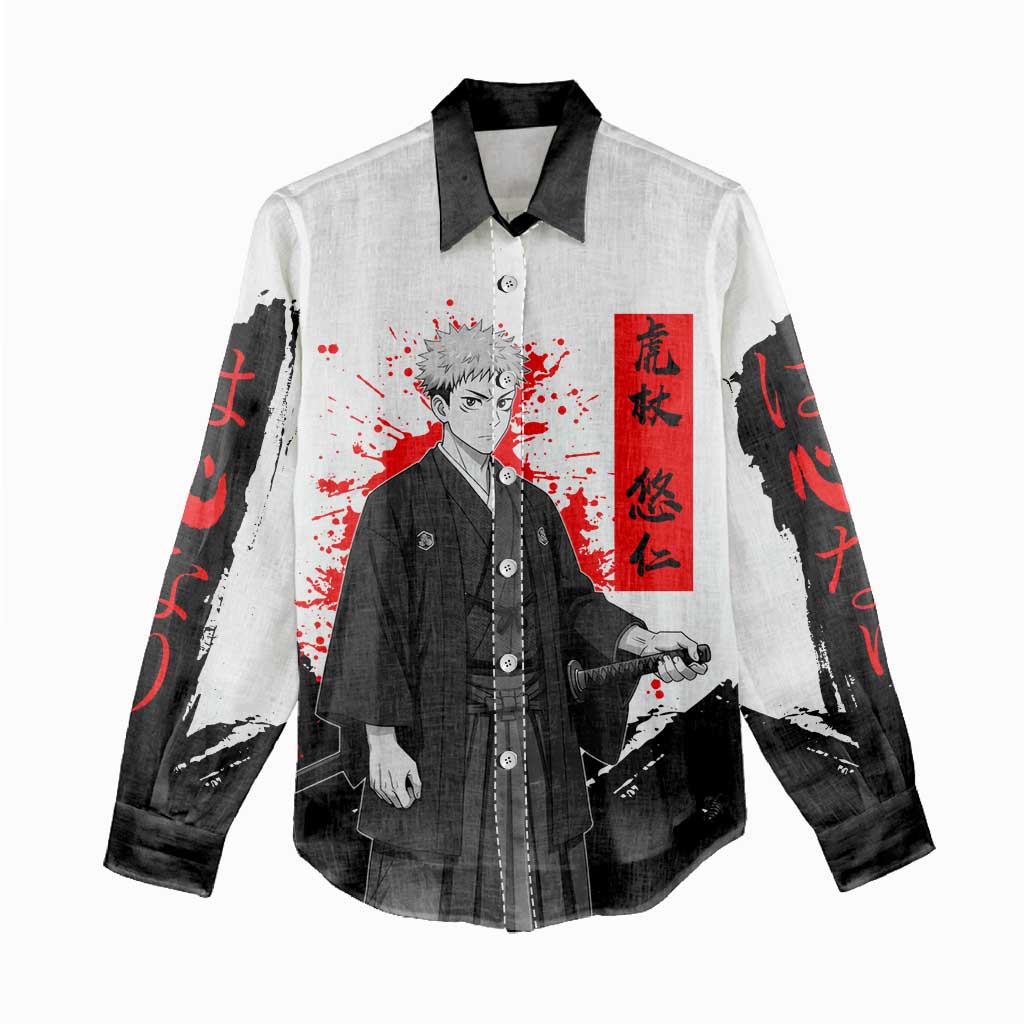 Yuji Itadori Jujutsu Kaisen Samurai Design Women Casual Shirt with Katana, Red Kanji Elements and Oni Mask Graphic - The Mazicc