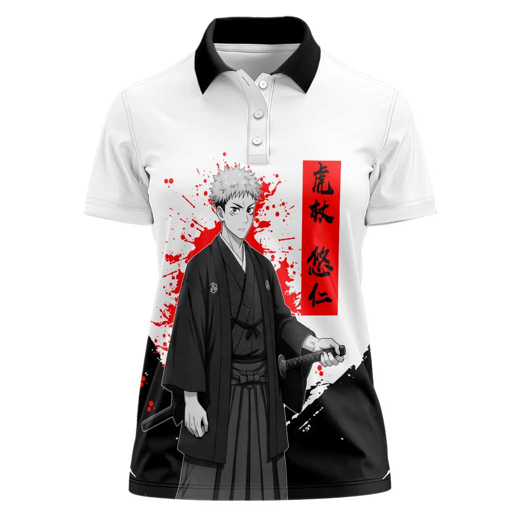Yuji Itadori Jujutsu Kaisen Samurai Design Women Polo Shirt with Katana, Red Kanji Elements and Oni Mask Graphic - The Mazicc