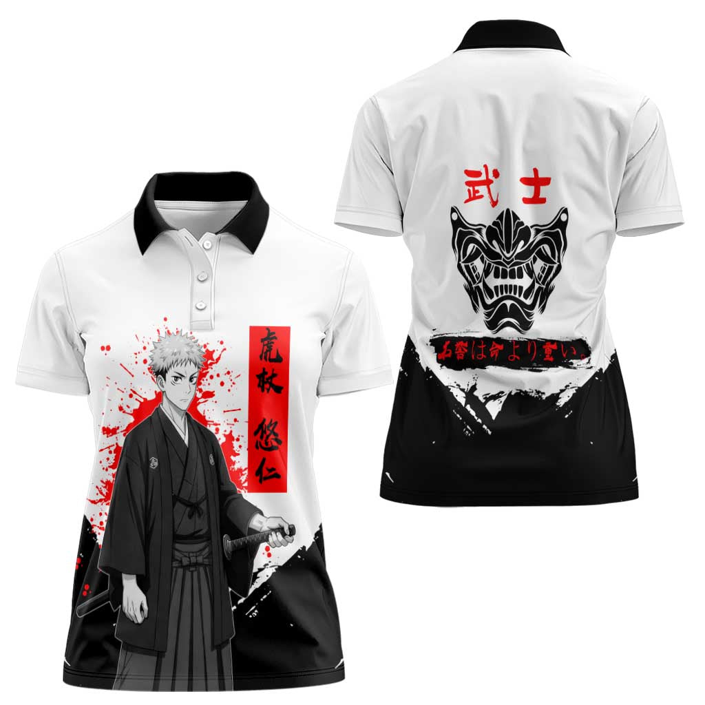 Yuji Itadori Jujutsu Kaisen Samurai Design Women Polo Shirt with Katana, Red Kanji Elements and Oni Mask Graphic - The Mazicc