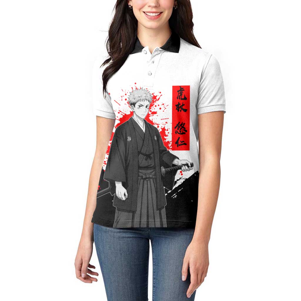 Yuji Itadori Jujutsu Kaisen Samurai Design Women Polo Shirt with Katana, Red Kanji Elements and Oni Mask Graphic - The Mazicc