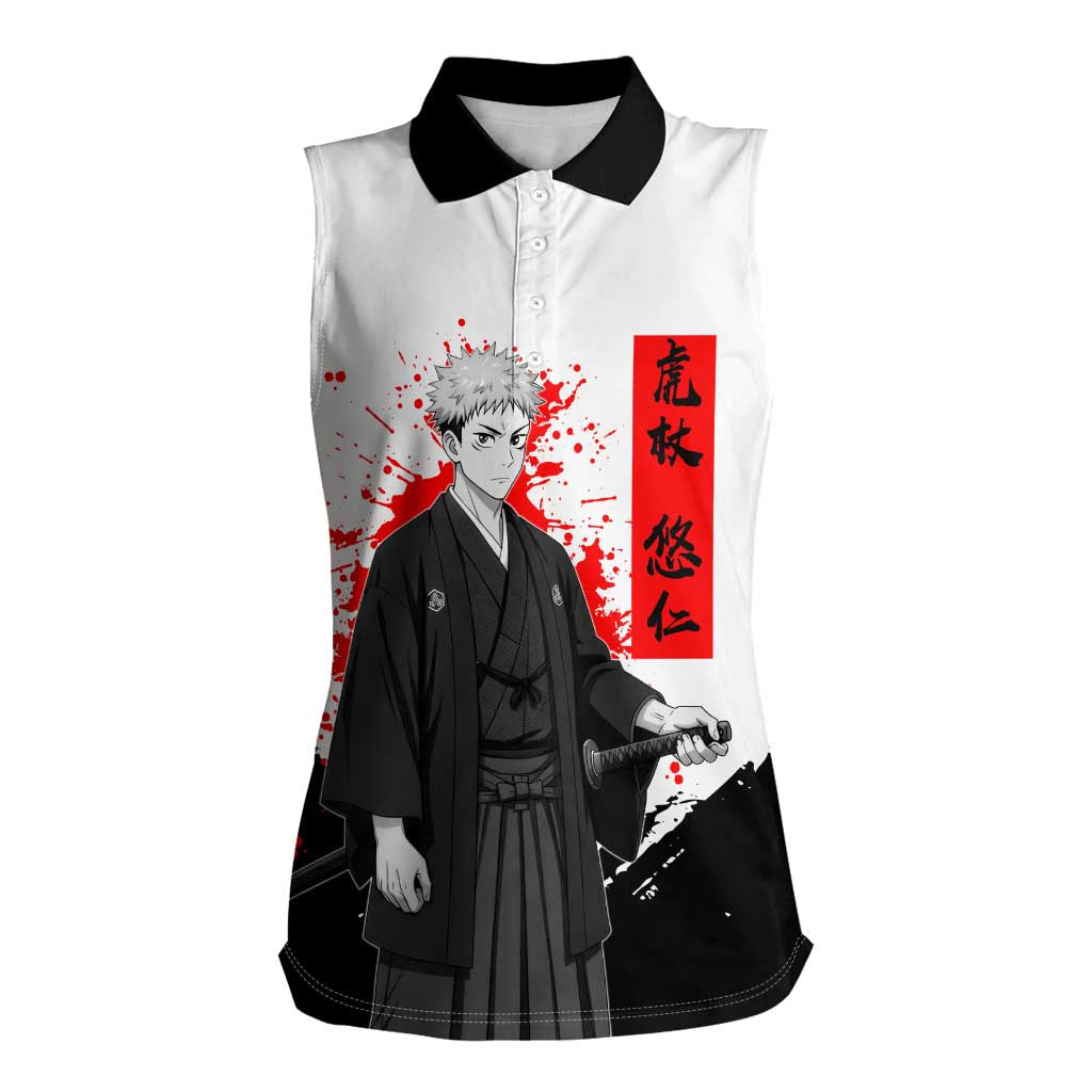 Yuji Itadori Jujutsu Kaisen Samurai Design Women Sleeveless Polo Shirt with Katana, Red Kanji Elements and Oni Mask Graphic - The Mazicc