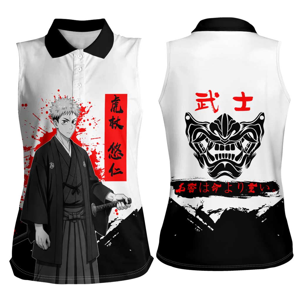 Yuji Itadori Jujutsu Kaisen Samurai Design Women Sleeveless Polo Shirt with Katana, Red Kanji Elements and Oni Mask Graphic - The Mazicc