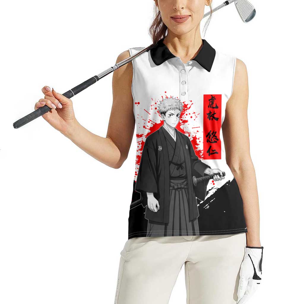 Yuji Itadori Jujutsu Kaisen Samurai Design Women Sleeveless Polo Shirt with Katana, Red Kanji Elements and Oni Mask Graphic - The Mazicc