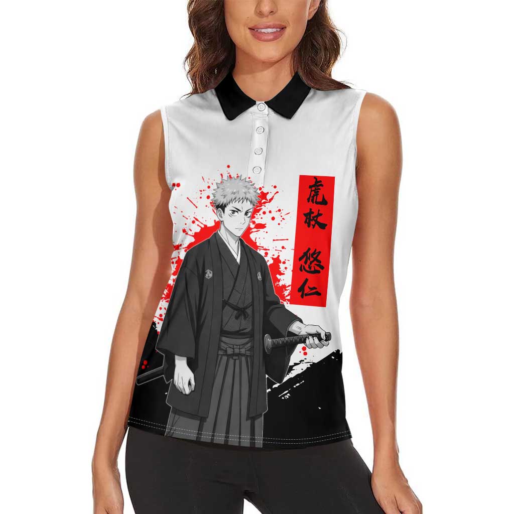 Yuji Itadori Jujutsu Kaisen Samurai Design Women Sleeveless Polo Shirt with Katana, Red Kanji Elements and Oni Mask Graphic - The Mazicc