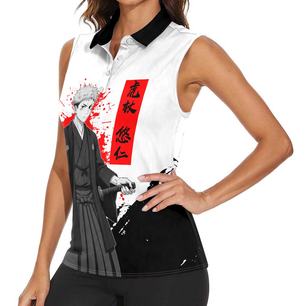 Yuji Itadori Jujutsu Kaisen Samurai Design Women Sleeveless Polo Shirt with Katana, Red Kanji Elements and Oni Mask Graphic - The Mazicc