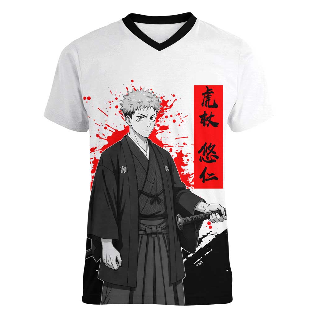 Yuji Itadori Jujutsu Kaisen Samurai Design Women V-Neck T-Shirt with Katana, Red Kanji Elements and Oni Mask Graphic - The Mazicc