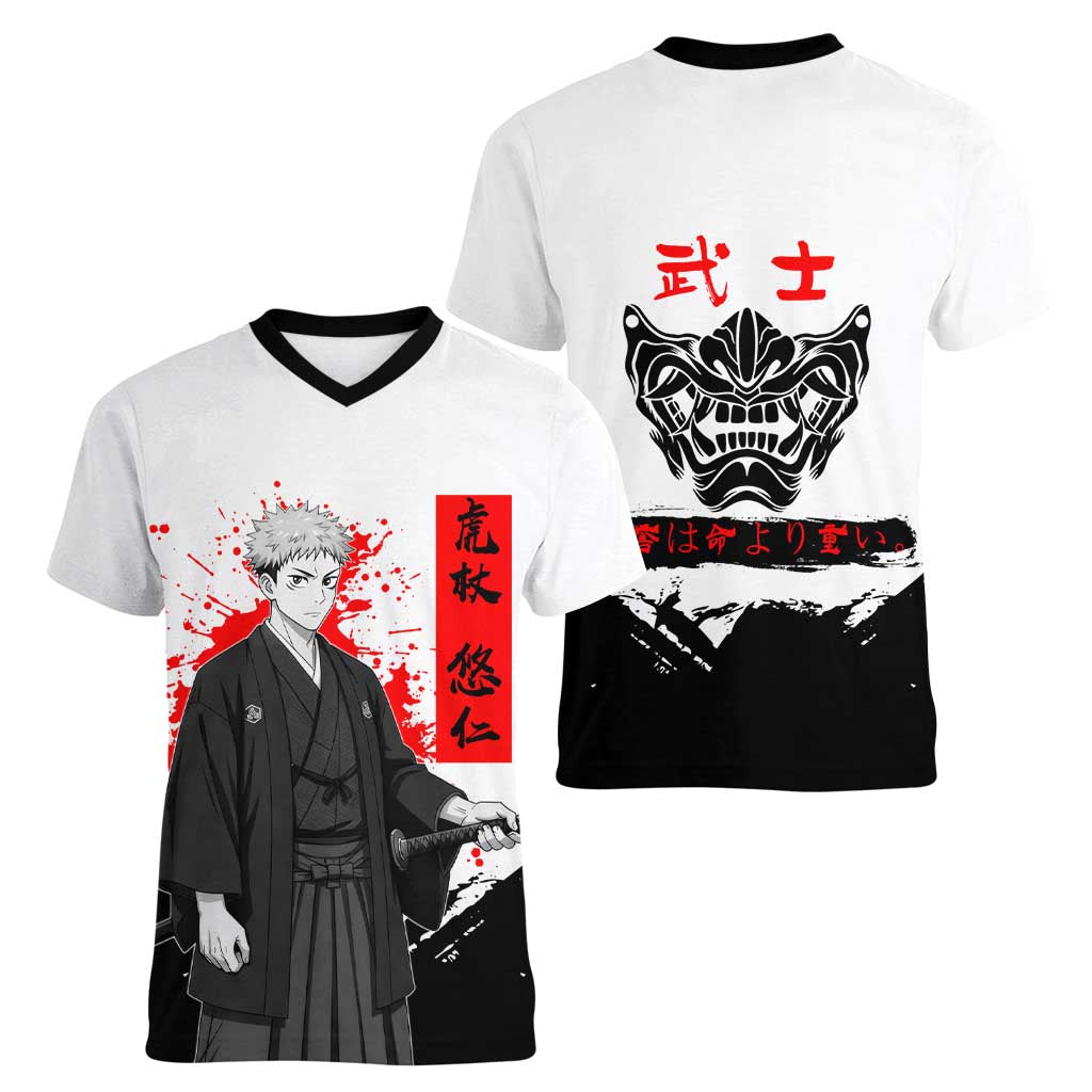 Yuji Itadori Jujutsu Kaisen Samurai Design Women V-Neck T-Shirt with Katana, Red Kanji Elements and Oni Mask Graphic - The Mazicc