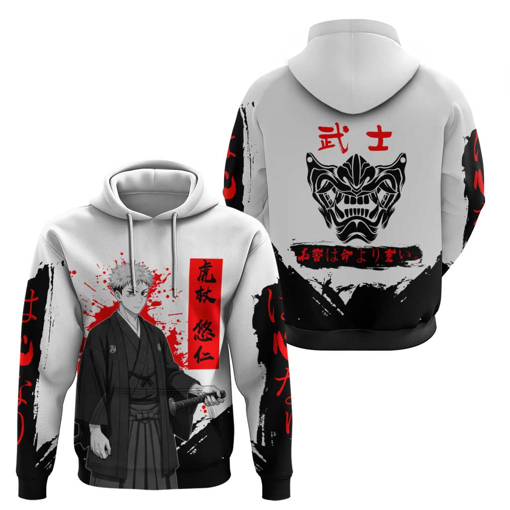 Yuji Itadori Jujutsu Kaisen Samurai Design Zip Hoodie with Katana, Red Kanji Elements and Oni Mask Graphic - The Mazicc