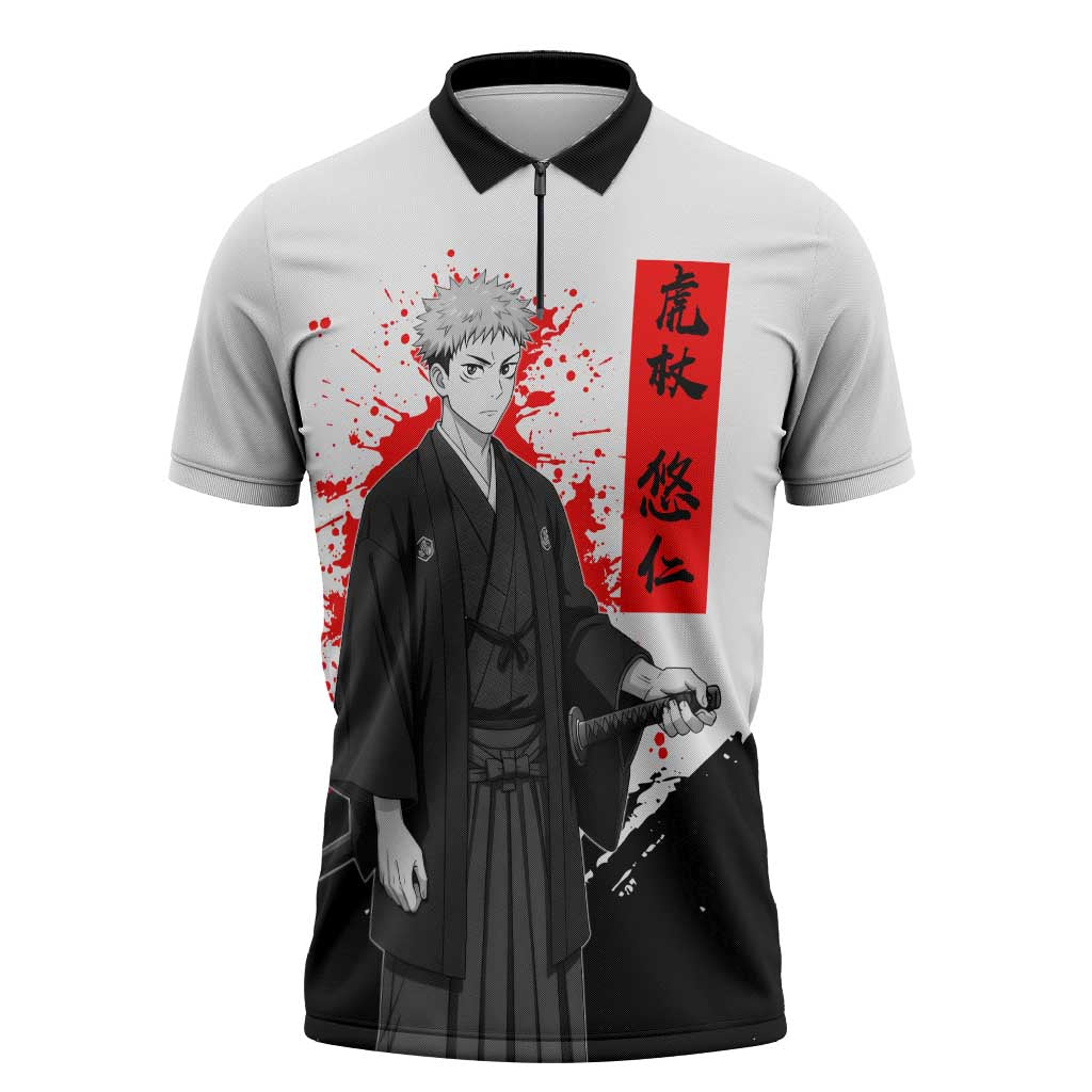 Yuji Itadori Jujutsu Kaisen Samurai Design Zipper Polo Shirt with Katana, Red Kanji Elements and Oni Mask Graphic - The Mazicc