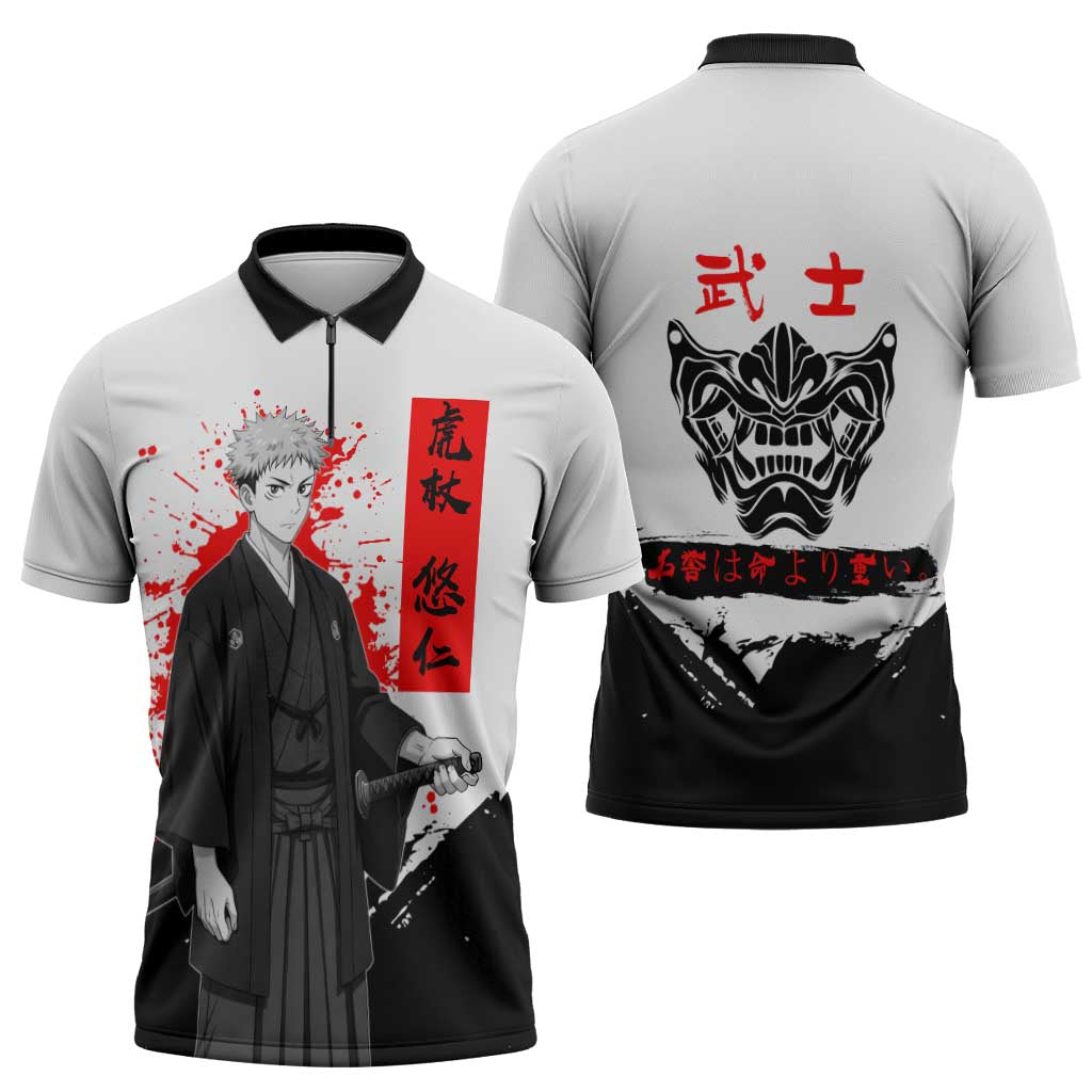 Yuji Itadori Jujutsu Kaisen Samurai Design Zipper Polo Shirt with Katana, Red Kanji Elements and Oni Mask Graphic - The Mazicc
