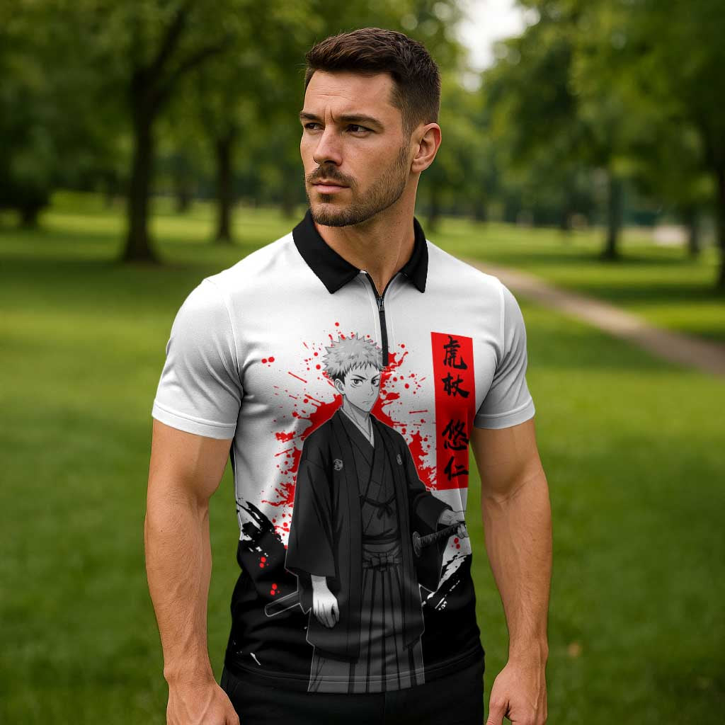 Yuji Itadori Jujutsu Kaisen Samurai Design Zipper Polo Shirt with Katana, Red Kanji Elements and Oni Mask Graphic - The Mazicc