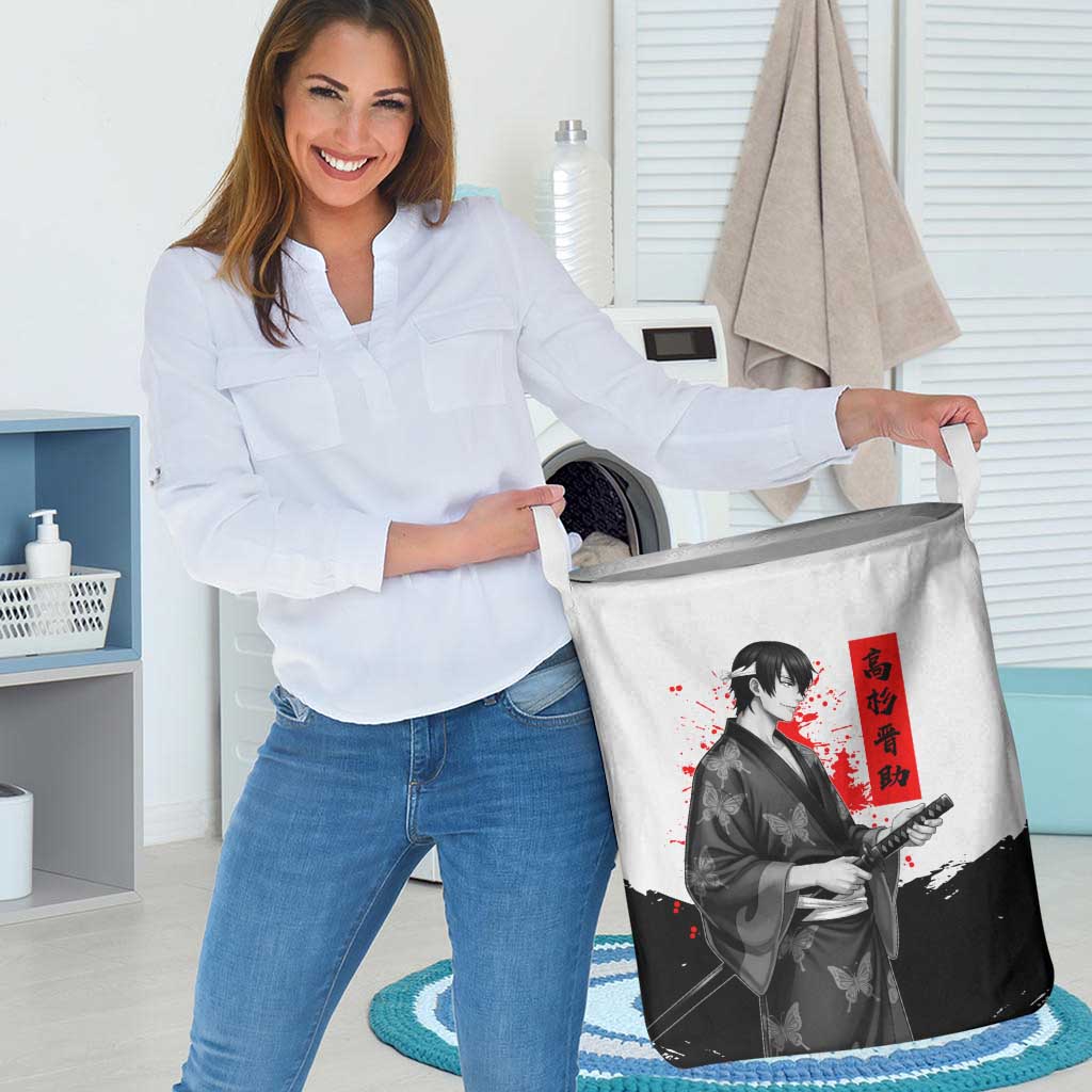 Shinsuke Takasugi Gintama Samurai Design Laundry Basket with Katana, Red Calligraphy and Oni Mask Art - The Mazicc