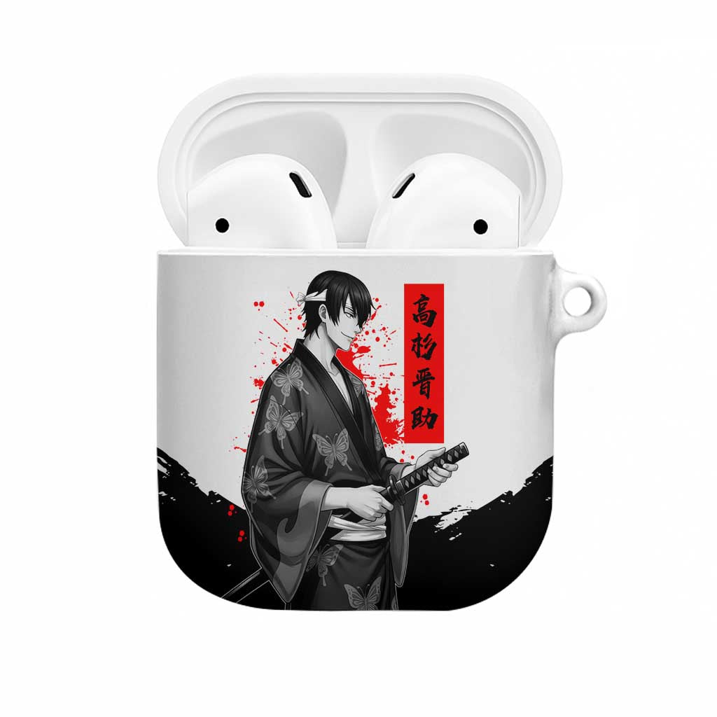 Shinsuke Takasugi Gintama Samurai Design AirPods Case with Katana, Red Calligraphy and Oni Mask Art - The Mazicc