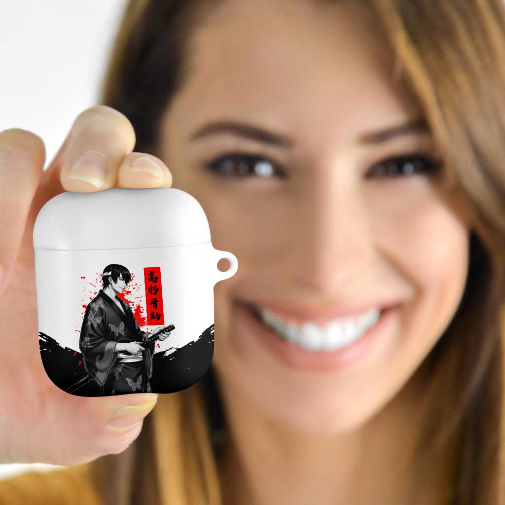 Shinsuke Takasugi Gintama Samurai Design AirPods Case with Katana, Red Calligraphy and Oni Mask Art - The Mazicc