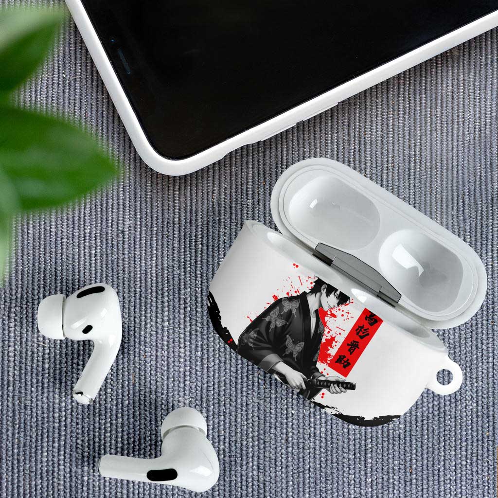 Shinsuke Takasugi Gintama Samurai Design AirPods Case with Katana, Red Calligraphy and Oni Mask Art - The Mazicc