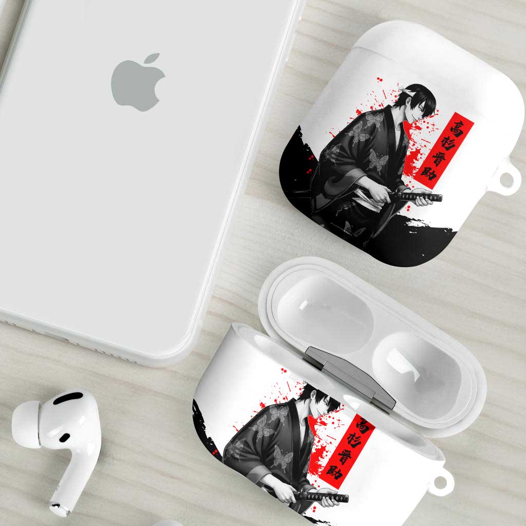 Shinsuke Takasugi Gintama Samurai Design AirPods Case with Katana, Red Calligraphy and Oni Mask Art - The Mazicc