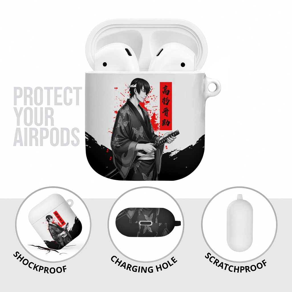 Shinsuke Takasugi Gintama Samurai Design AirPods Case with Katana, Red Calligraphy and Oni Mask Art - The Mazicc