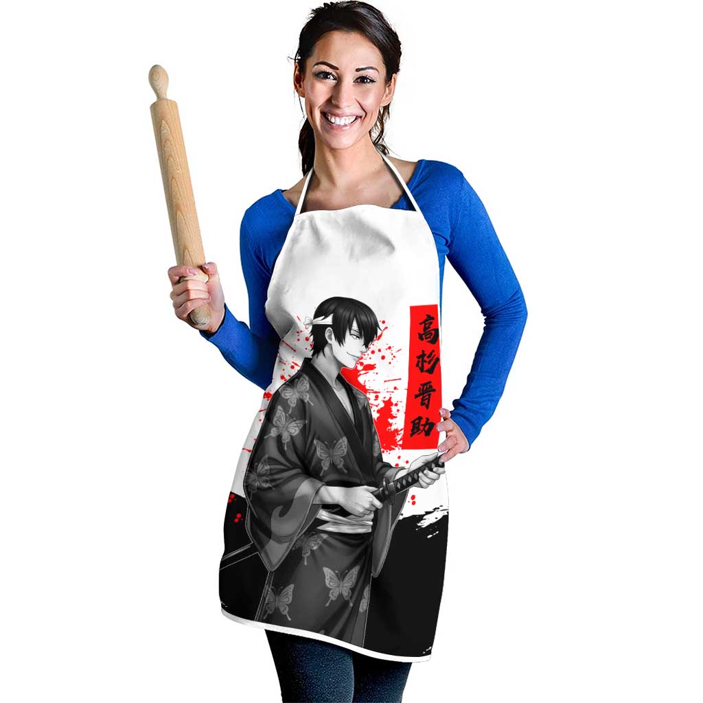 Shinsuke Takasugi Gintama Samurai Design Apron with Katana, Red Calligraphy and Oni Mask Art - The Mazicc