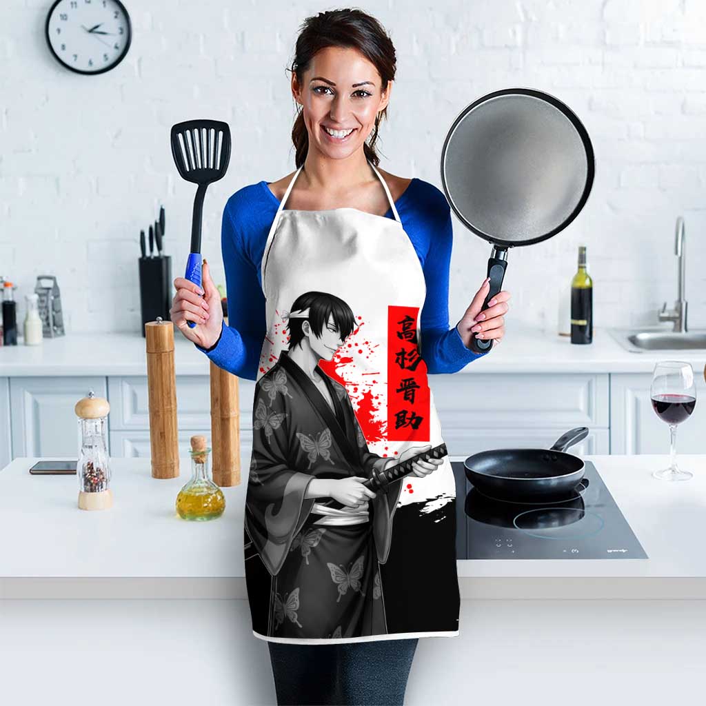 Shinsuke Takasugi Gintama Samurai Design Apron with Katana, Red Calligraphy and Oni Mask Art - The Mazicc