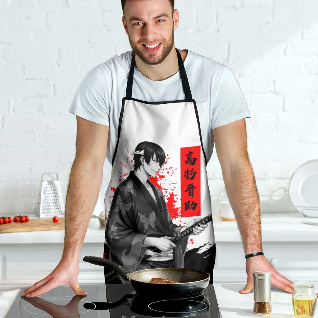 Shinsuke Takasugi Gintama Samurai Design Apron with Katana, Red Calligraphy and Oni Mask Art - The Mazicc
