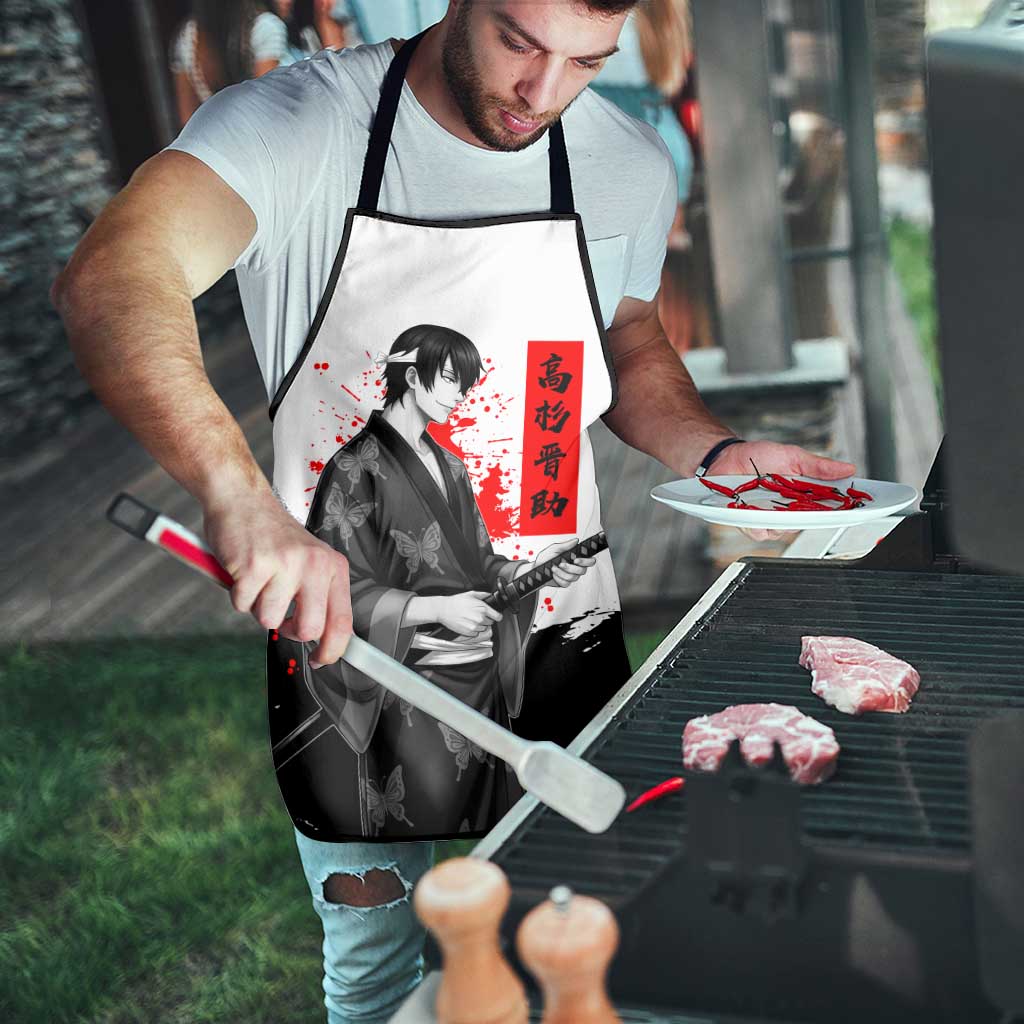 Shinsuke Takasugi Gintama Samurai Design Apron with Katana, Red Calligraphy and Oni Mask Art - The Mazicc