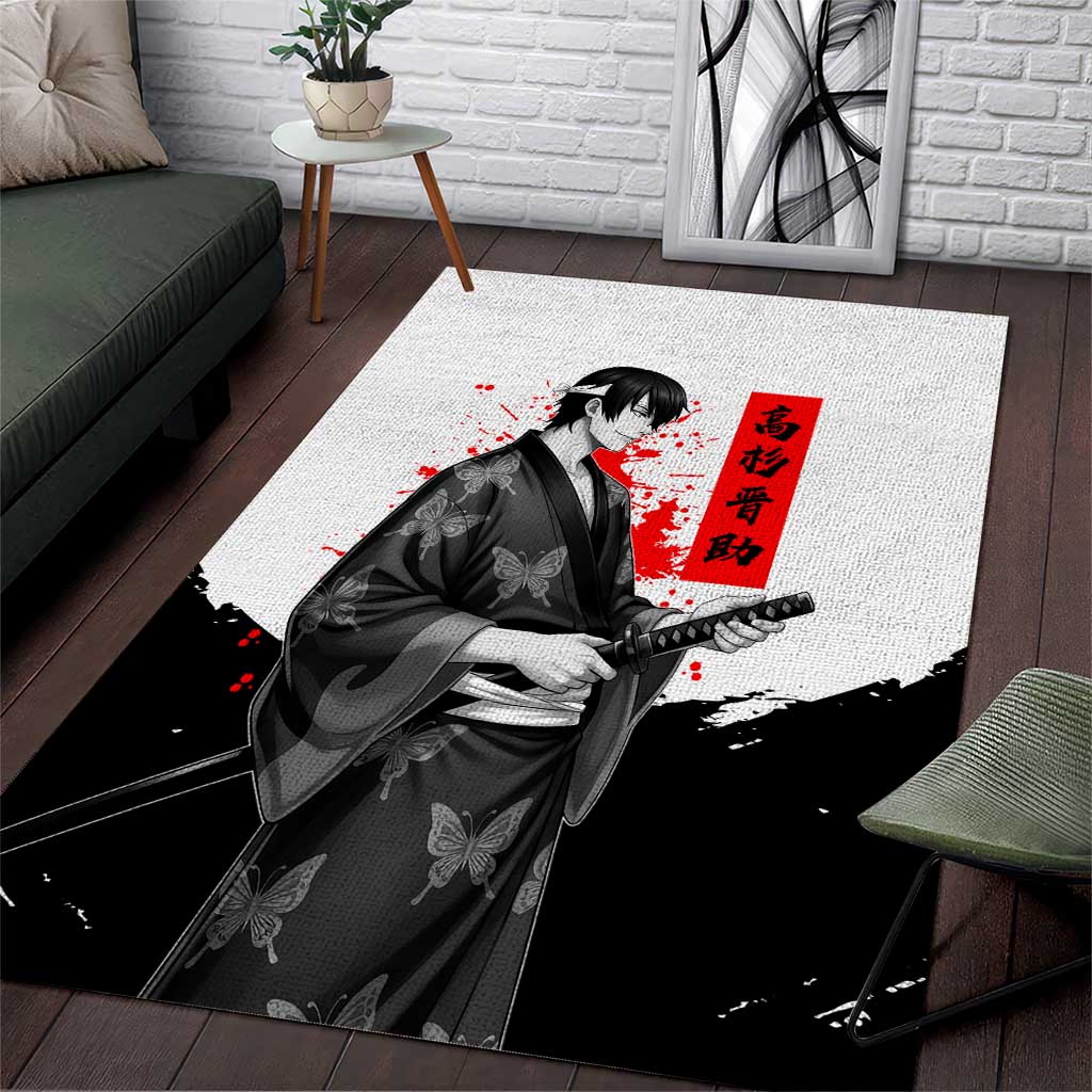 Shinsuke Takasugi Gintama Samurai Design Area Rug with Katana, Red Calligraphy and Oni Mask Art - The Mazicc