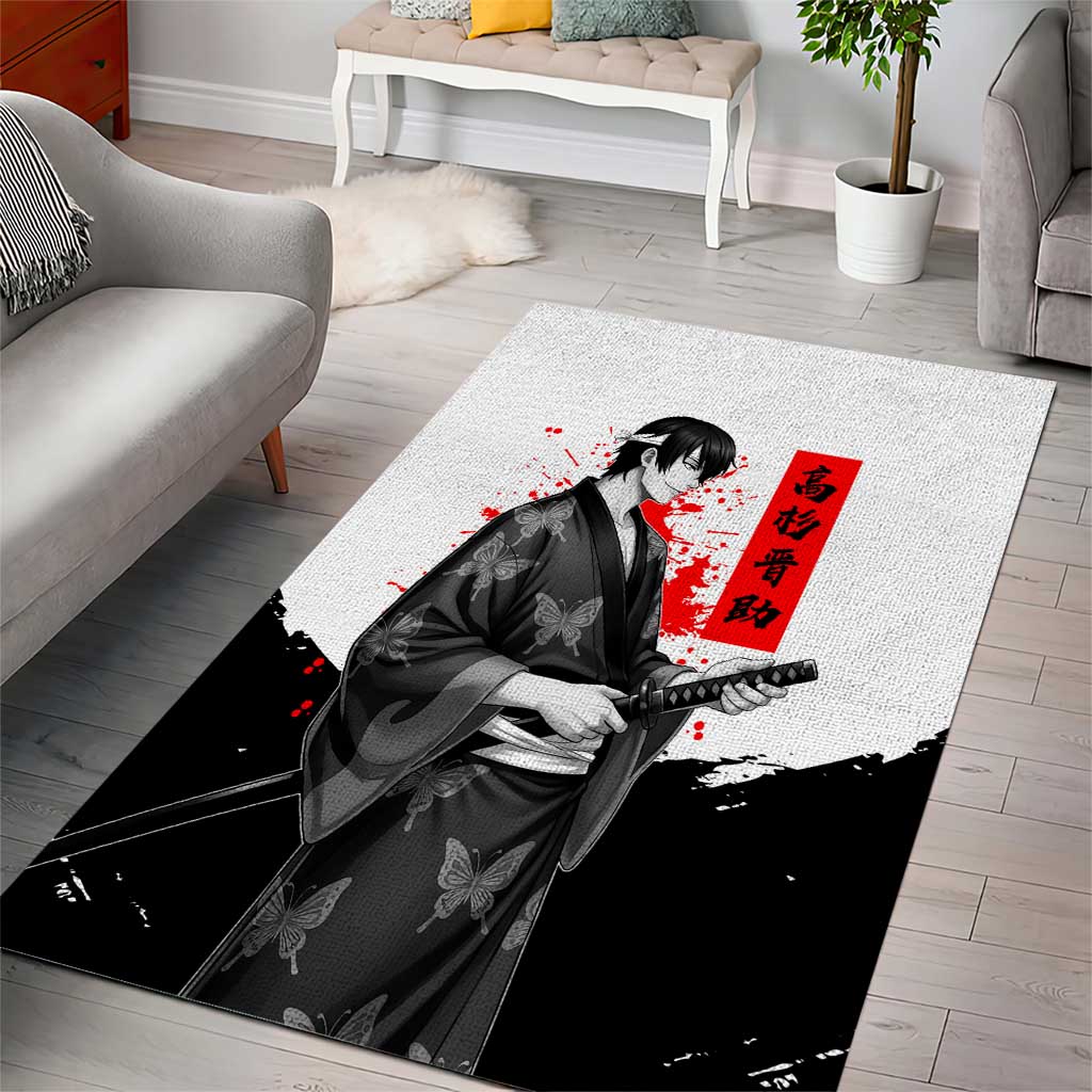 Shinsuke Takasugi Gintama Samurai Design Area Rug with Katana, Red Calligraphy and Oni Mask Art - The Mazicc