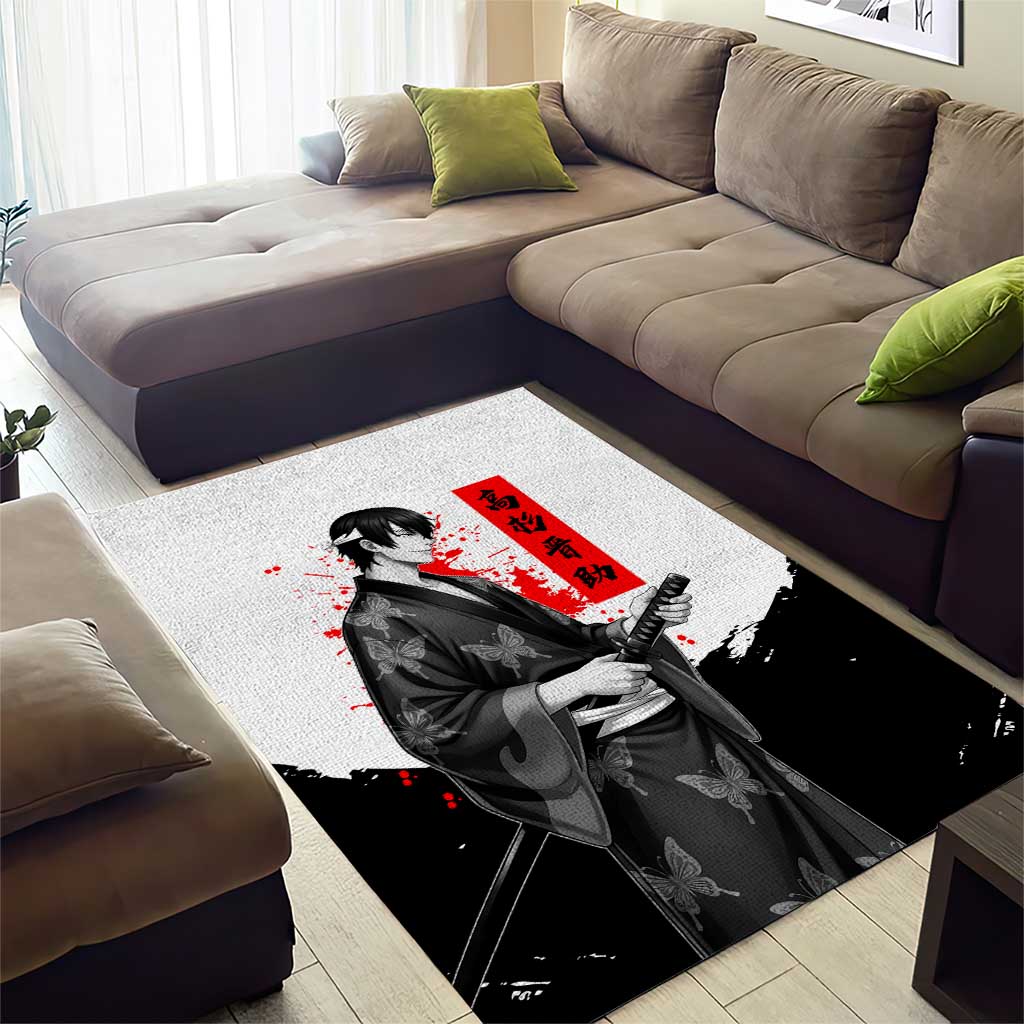Shinsuke Takasugi Gintama Samurai Design Area Rug with Katana, Red Calligraphy and Oni Mask Art - The Mazicc