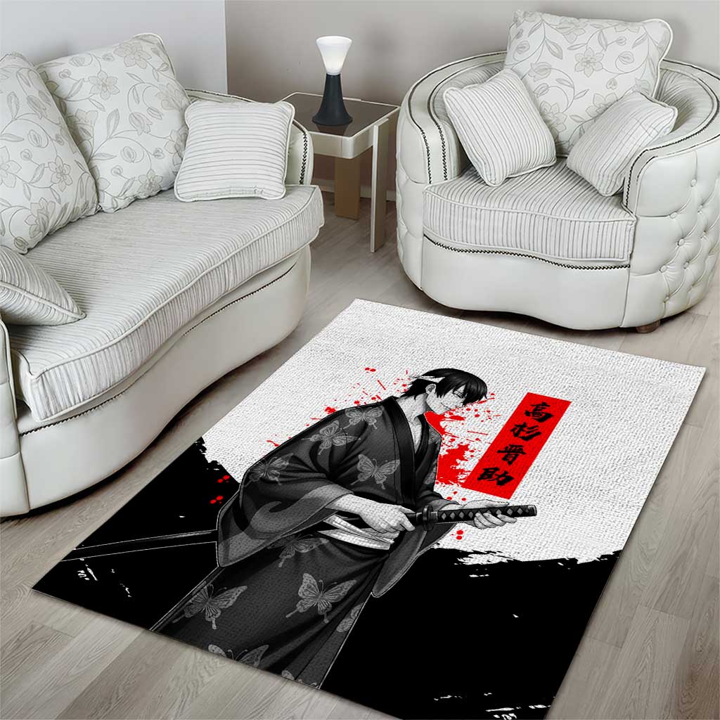 Shinsuke Takasugi Gintama Samurai Design Area Rug with Katana, Red Calligraphy and Oni Mask Art - The Mazicc