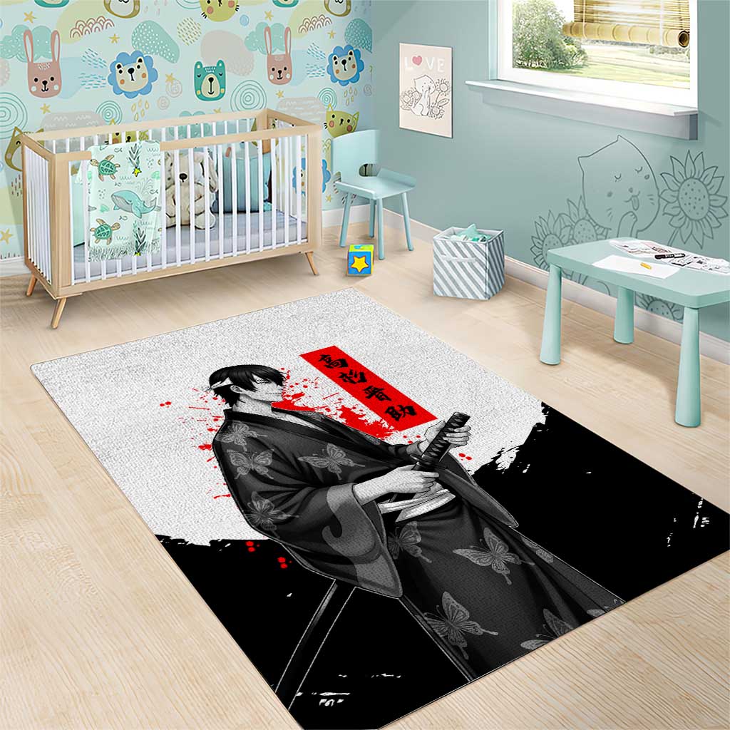 Shinsuke Takasugi Gintama Samurai Design Area Rug with Katana, Red Calligraphy and Oni Mask Art - The Mazicc
