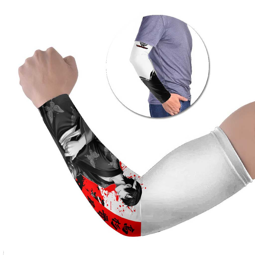 Shinsuke Takasugi Gintama Samurai Design Arm Sleeves with Katana, Red Calligraphy and Oni Mask Art - The Mazicc